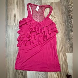 No Boundaries M Pink Ruffled Tank with Sheer Back